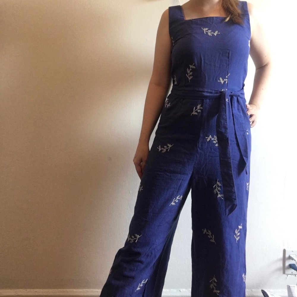Blue/Purple Jumpsuit with White Embroidered Flowers